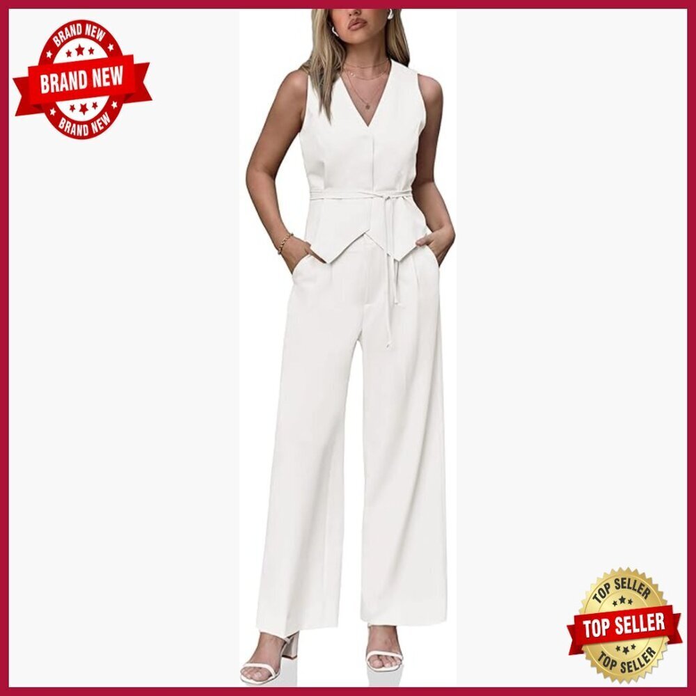Women's Business Casual 2-Piece Suit Set V-Neck Vest Pleated Wide Leg Pants